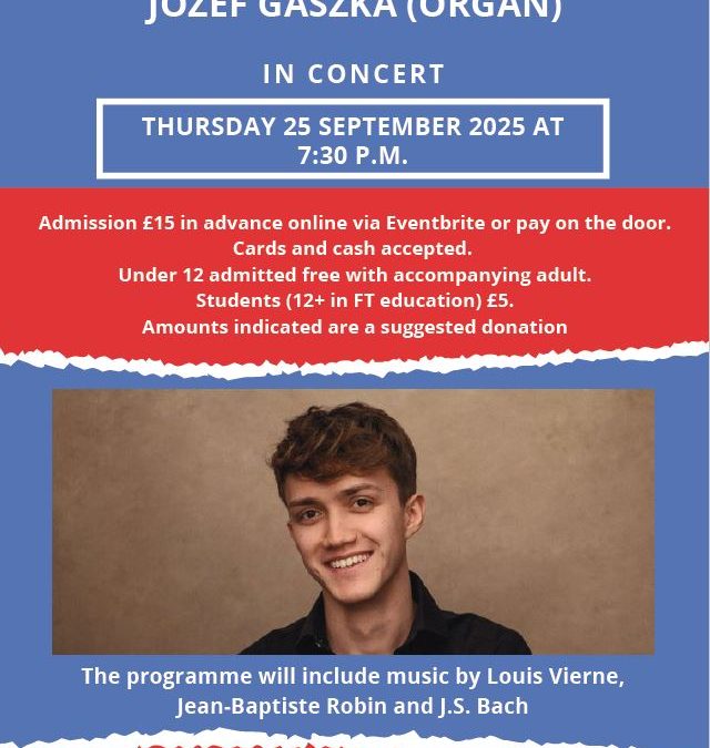 Guildford Music Society at GURC presents Jozef Gaszka (Organ) in Concert – Thursday 25 September 2025 at 7.30pm